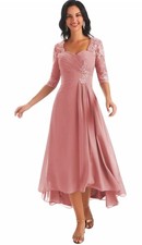 Dusty Rose Chiffon Mother of the Bride Dress w/ Lace, Tea Length, Size 10