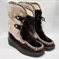 NEW 1970s SNOWLAND Faux Fur Brown And Tan Wedge Front Tie Winter Boots Size 7