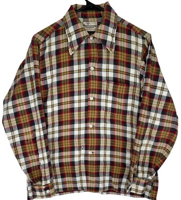 Vintage 60s 70s Arrow Norseman Plaid Flannel Button Down Shirt Mens Medium USA