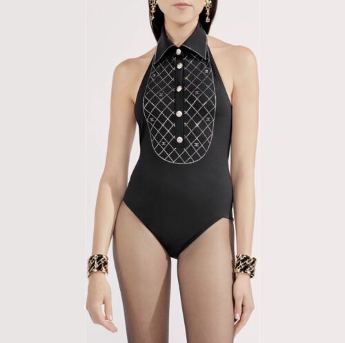 Chanel 23C Black Crystal Collar CC Logo One Piece Swimsuit Runway Bathing 36 - Picture 1 of 24