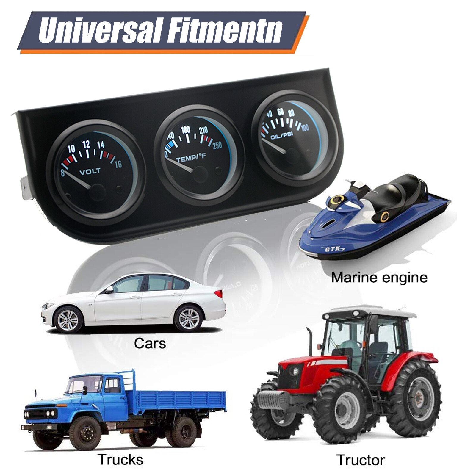 Universal 2" 52mm Black Volt Water Oil Pressure Triple 3 Gauge Set