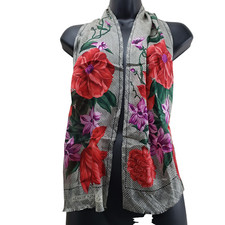 Adrienne Vittadini Silk Scarf Sheer Black Red Floral 11/52" Japan