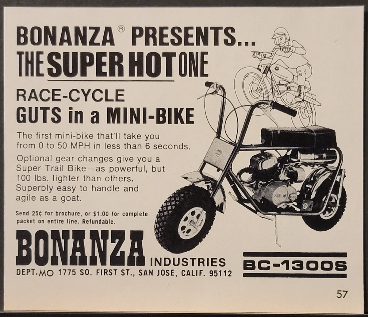 1970 Bonanza Mini Bike Race Motorcycle Print Ad Super Trail Bike