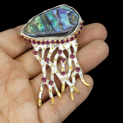 925 Sterling Silver Brooch Round Rhodolite Garnet Mop Gemstone Jellyfish Jewelry