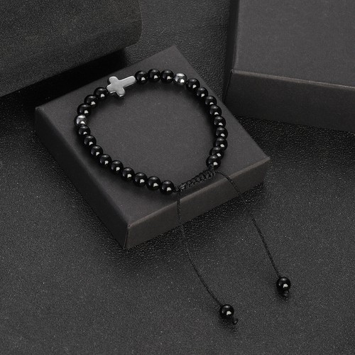 Handmade Balance Round Natural Obsidian Bead Healing Reiki Cross Beads Bracelets - Picture 5 of 6