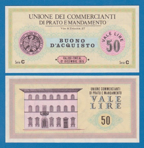 Italy 50 Lire Private Issue 1975 Unione Dei Commercianti Di Prato Mandamento UNC