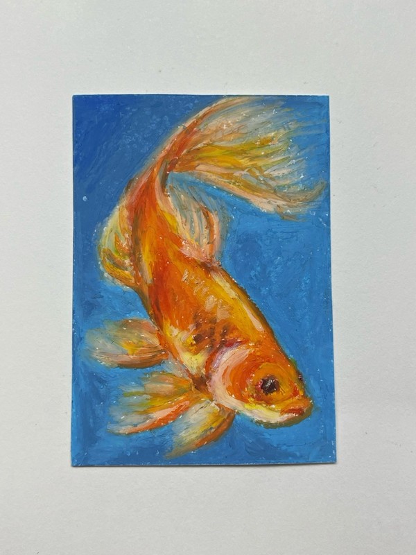 ACEO Original Oil Pastel Goldfish on Paper 2.5x3.5 By Reem Alwan