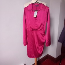Women's NEW Boohoo  Red Satin Style Wrap Top Dress UK Size 10 BNWT