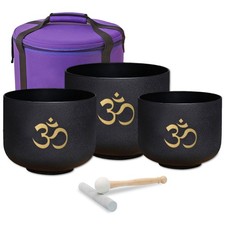 keepdrum Quartz Singing Bowl Set OM Pro Black 3 Chakra Set with Accessories