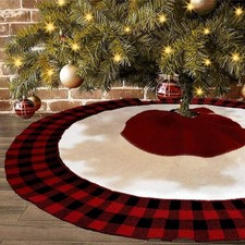 48 Inch Christmas Tree Skirt, Red and Black Buffalo Plaid Mat Holiday Ornaments