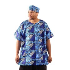 African Print Two Tone Blue Dashiki designs  pockets w/22"matching Kufi Cap.