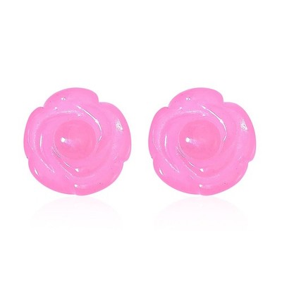 22.50 Pink Jade Rose Carved Flower Stud Earrings Rhodium Plated Sterling Silver