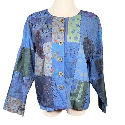 Vijayas Blue Patchwork Cotton Jacket Womens Small Boho Beaded Mirror Art Wear