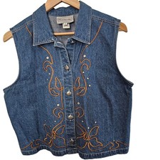 Vintage Stonebridge Denim Vest Women Medium Blue Floral Cottage Western Country