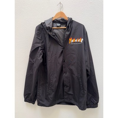 Thrasher Magazine Flame Logo Hooded Coach Jacket Black Windbreaker - Mens Size L
