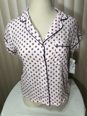 In Bloom by Jonquil Pajama Top Size L Short Sleeve Button Down Pink Navy Womens