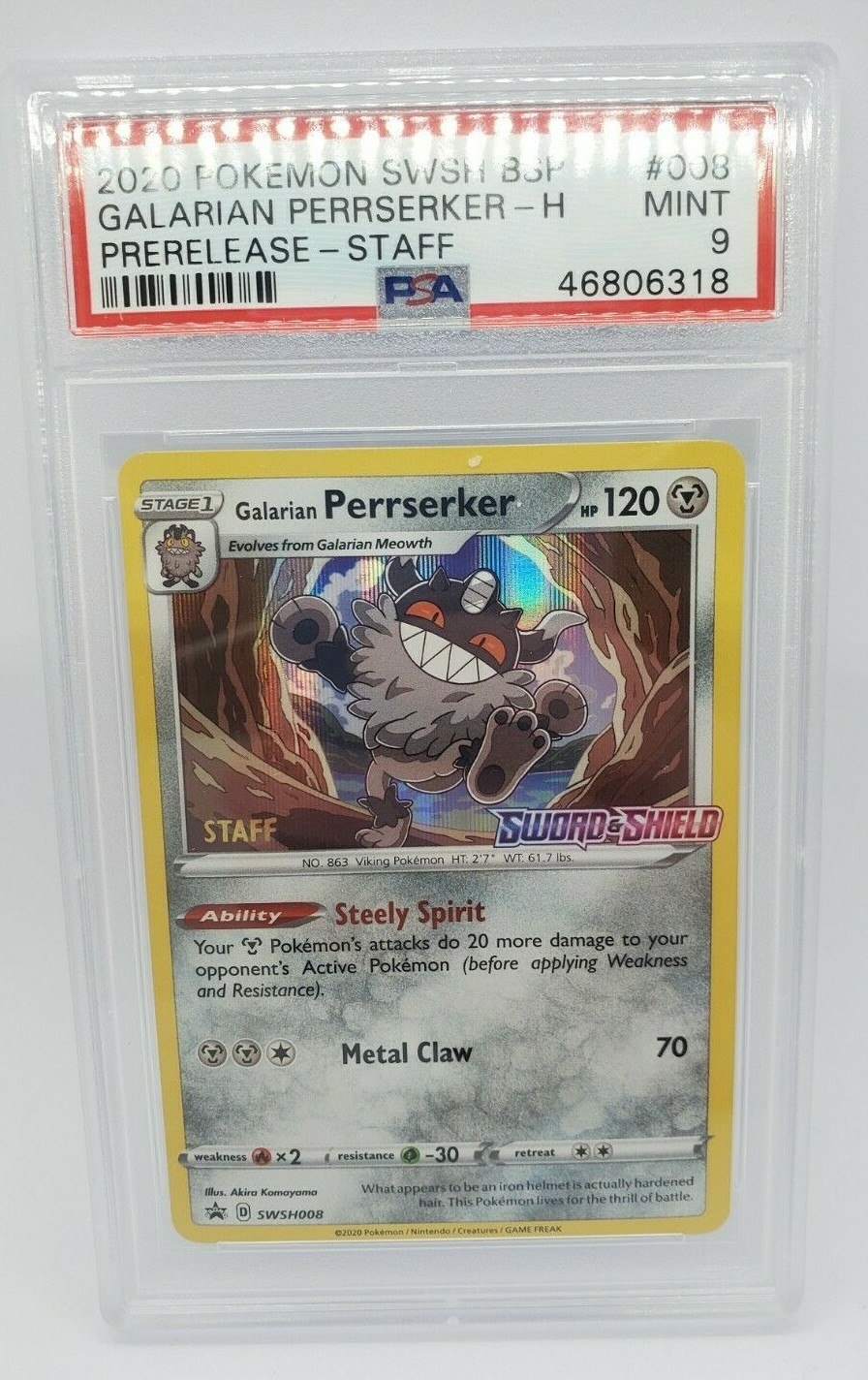 Pokemon PSA 9 MINT Galarian Perrserker SWSH008 SW&SH Prerelease STAFF Promo 6318