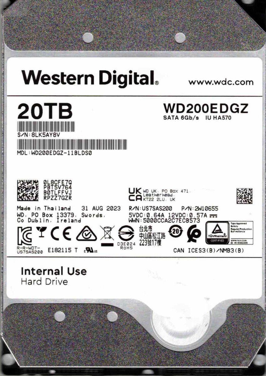 WD200EDGZ-11BLDS0, WESTERN DIGITAL SATA 20TB 2W10655 8LK5 AUG 2023