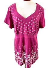 Gitano blouse top size 18 20 short sleeve dark pink floral waist tie V neck