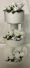 3 Tier Cake Topper Artificial Wedding Flowers White roses & ribbon And greenery