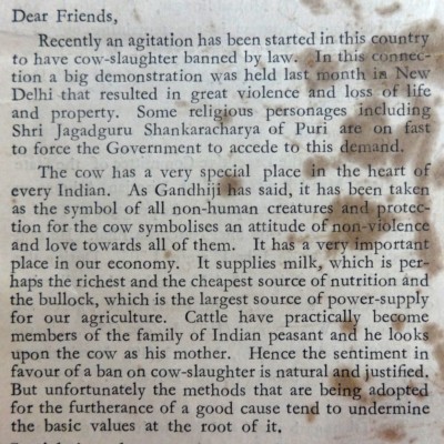 India 1966 monthly Sarva Seva Sangh prescient INDIA & THE COW