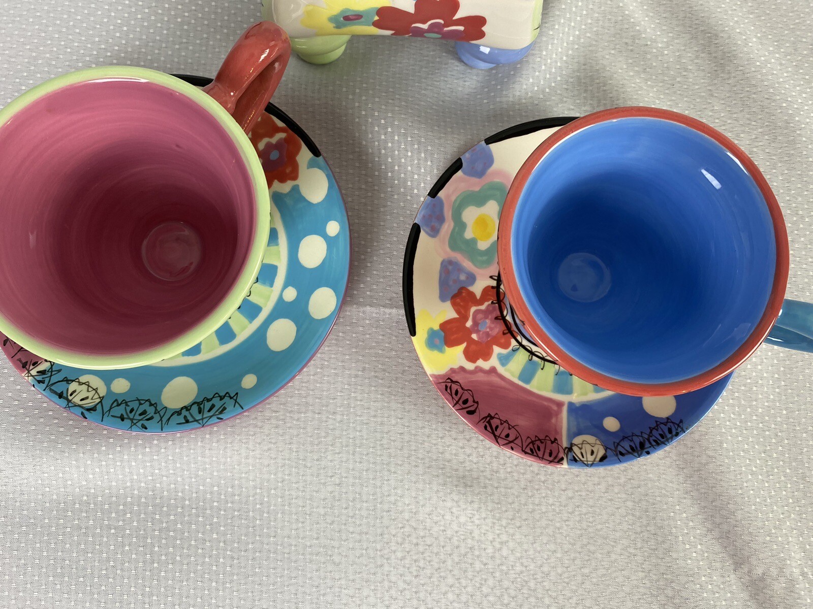 NEW Tea party By Joyce Shelton Square Whimsical Teapot + 2 Cups