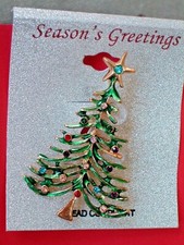 Minimalist Christmas Tree Pin/Brooch:  Enameled w/Crystals Rhinestone accents 