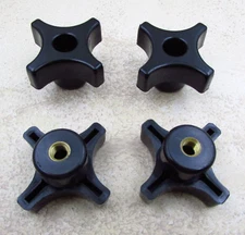 QTY (4), 1/4-28 Fine Thread, Clamping, Thru Hole, Plastic Grip, 4 Point, Knobs