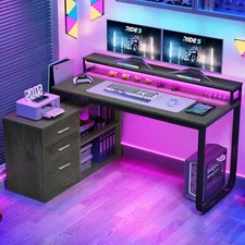 55 inch L Shaped Desk with Power Outlets & LED Light Corner Gaming Computer Desk