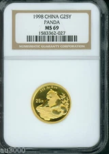 1998 GOLD PANDA NGC MS69 1/4 Oz. CHINA 25Y 25-YUAN YN  KEY DATE VERY SCARCE !!