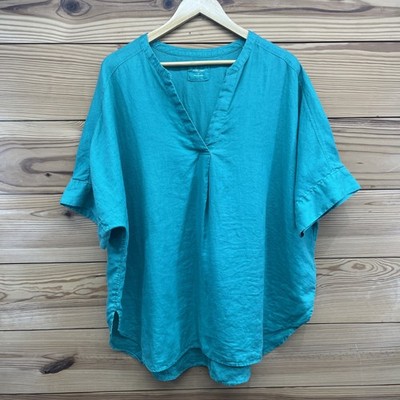 M&S Pure Linen Shirt Womens US 18 Kelly Green Boxy Pullover Blouse Top B101