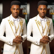Luxury Men Suits 3 Pieces Fashion Tuxedo with Gold Appliques Wedding Party Prom