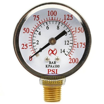 Air Compressor Pressure / Hydraulic Gauge 2'' Face Side Mount 1/4'' NPT 0-200 PSI
