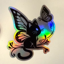 Holographic Fairy Cat Sticker Decal - Iridescent Butterfly Kitten Vinyl For Car