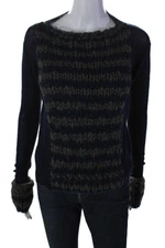 Nina Ricci Womens Wool Textured Knit Patchwork Long Sleeve Sweater Navy Size M