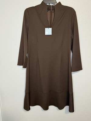 Ming Wang Dress Small Stretch Split Neck Flowy Brown Office Simple $225 New