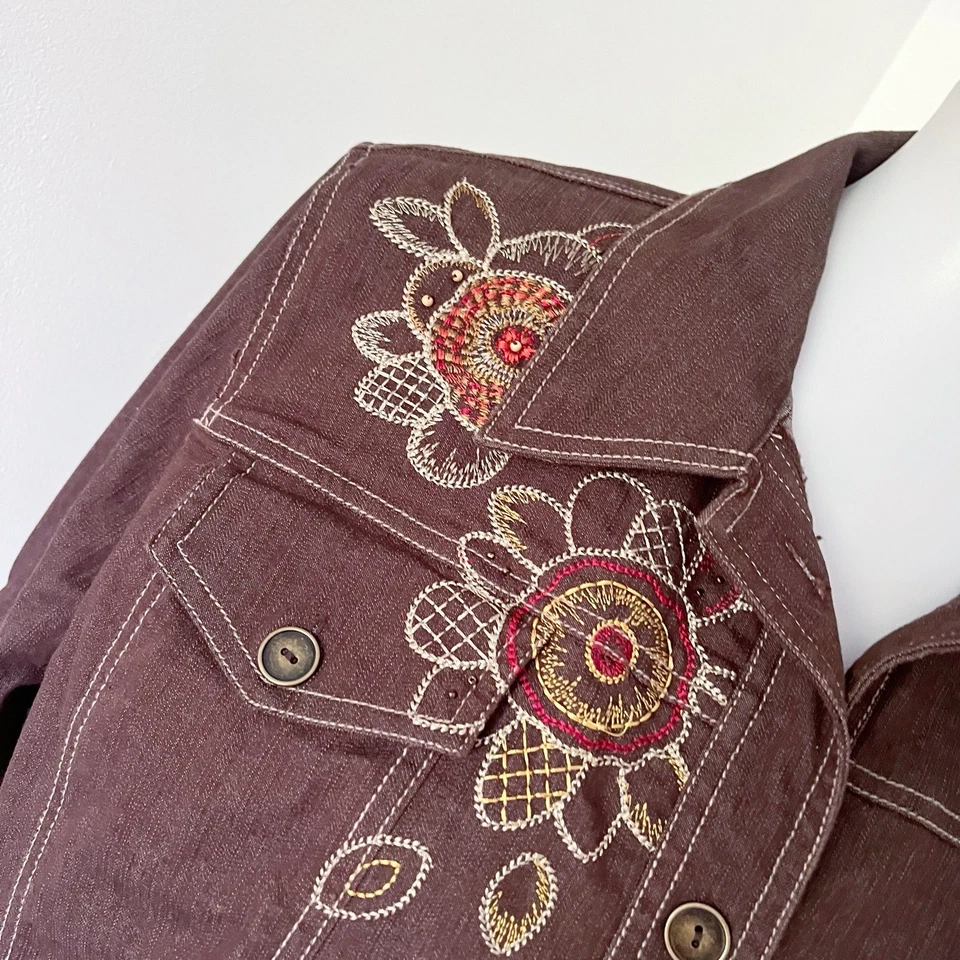 Vtg Y2K Jacket Women 16 Brown Floral Embroidered Beaded Boho Festival Cowgirl XL - Image 4 of 4