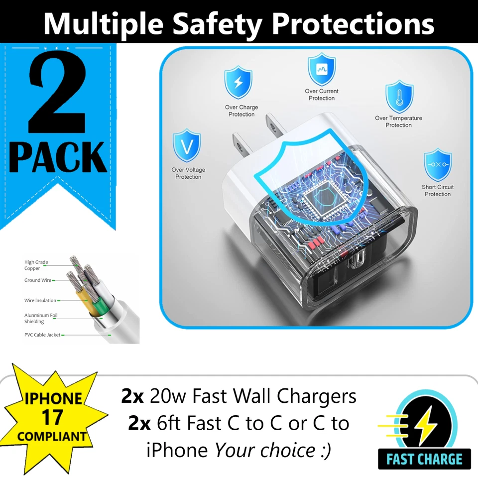 2 Pack Fast Wall Charger For iPhone 12 13 14 15 16 17 iPad X XR XS 8 7 6 Pro Max - Image 3 of 4