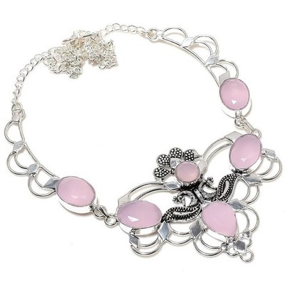 Rosenquarz Edelstein Handarbeit 925 Sterling Silber Schmuck Halskette Größe