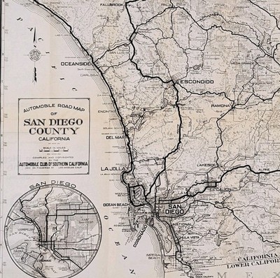 c1930 SAN DIEGO County Auto Map ORIGINAL - Automobile Club Southern California
