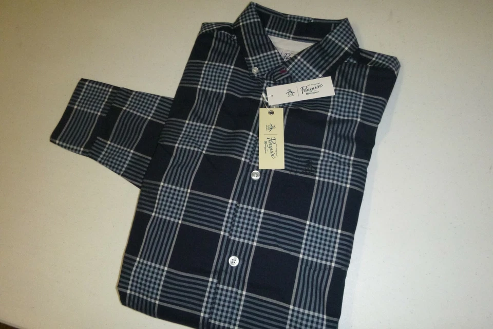 Camisa de vestir informal de ajuste regular de diseñador de zafiro de pingüino para hombre talla: pequeña - azul/gris Foto 4 de 4