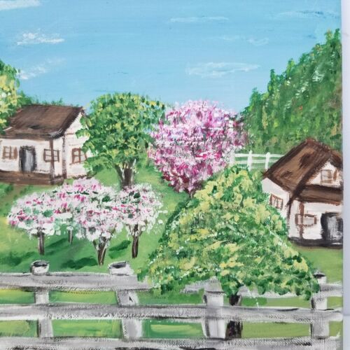 Original Painting On Canvas Farmhouse Scene Barn Unframed Folk Art Country 14x11 - Picture 3 of 6