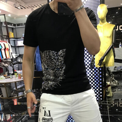 New Fashion Trend Leopard Hot Drilling Rhinestones Summer Luxury Men T-Shirt