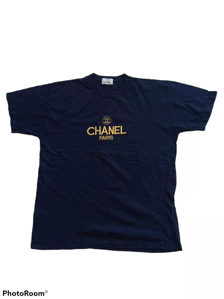 Vintage Chanel Paris Big Logo Gold Embroidery T Shirt Black 90s Luxury