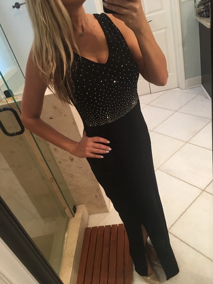 Carmen Marc Valvo Signature Dress S 4 Studded Jersey Gown Black Silver Slit Gorg - Image 3 of 4