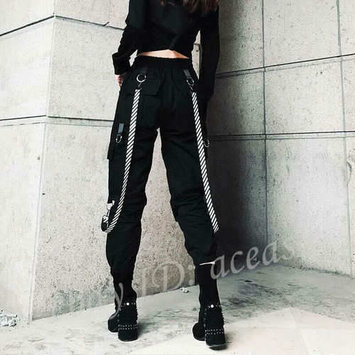Womens Gothic Cargo Jogger Pants Strap 