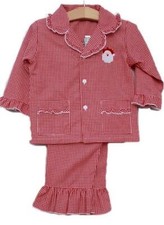 Santa Embroidered Red and White Gingham Girls 2 Pc Christmas Pajamas Lightweight