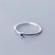 Tiny Blue Round CZ 925 Sterling Silver Dainty Thin Band Stackable Ring A3742