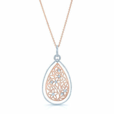 Diamant Floral Blume Träne Birne Halskette 14K Rose Weißgold 0,35 ct Natur