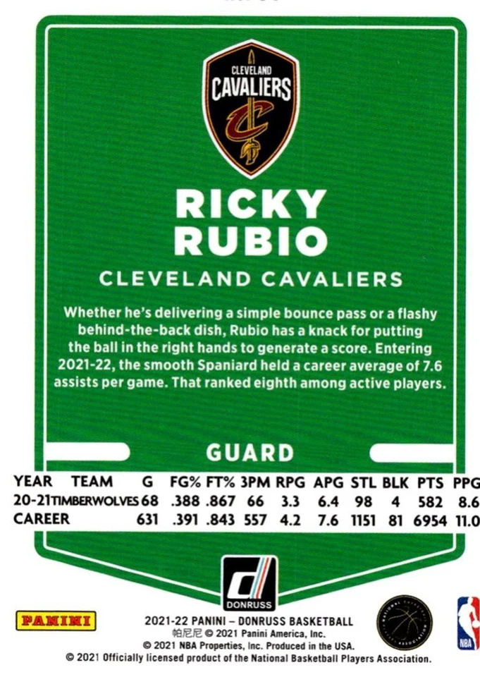2021-22 Donruss Ricky Rubio Cleveland Cavaliers #51 - Image 2 of 2